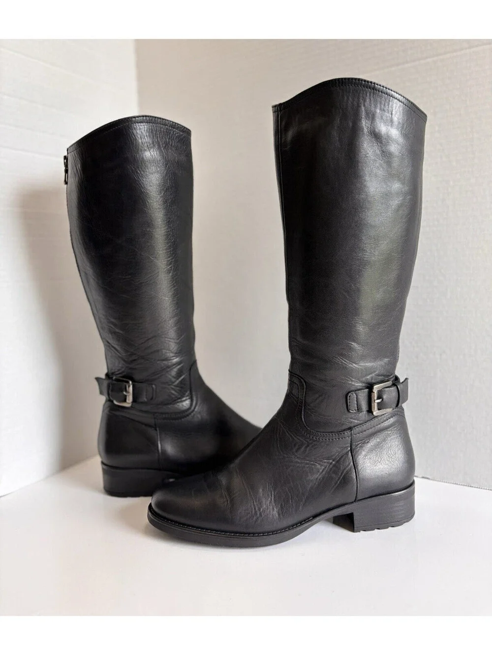 Coach And Four Riding Boots Women's Sz 7 Black Leather Zip Round Toe Expandable